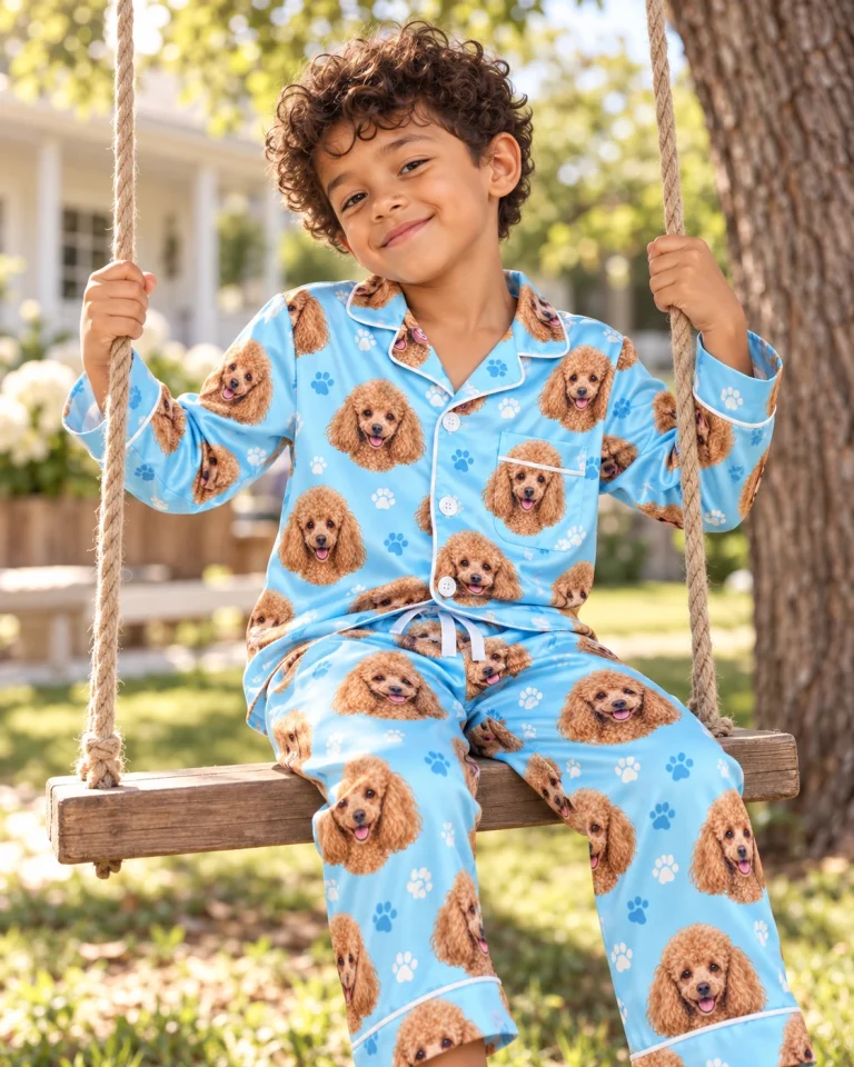 Boy sitting in kids poodle pajamas covered in apricot Poodle faces — MyDogPics