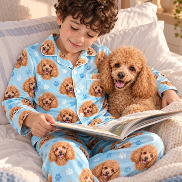 Boy in kids poodle pajamas with his Poodle — MyDogPics