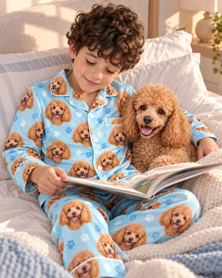 Boy in kids poodle pajamas with his Poodle — MyDogPics