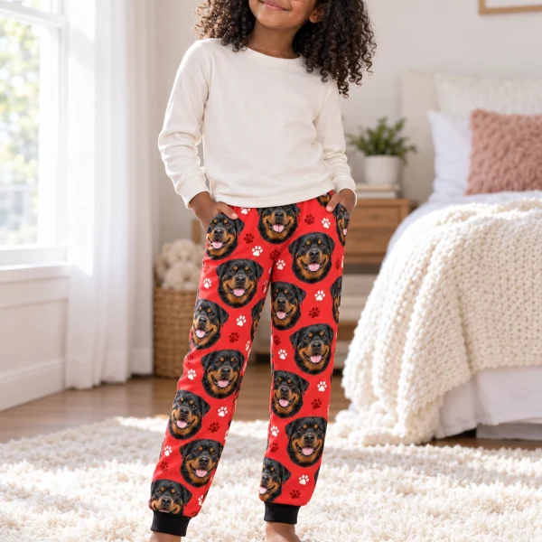 Girl wearing kids rottweiler pajama pants covered in black-and-mahogany Rottweiler faces on red paw-print fabric — MyDogPics