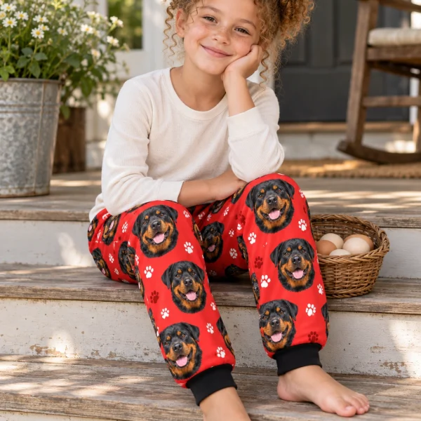 Girl sitting in kids rottweiler pajama pants covered in black-and-mahogany Rottweiler faces — MyDogPics