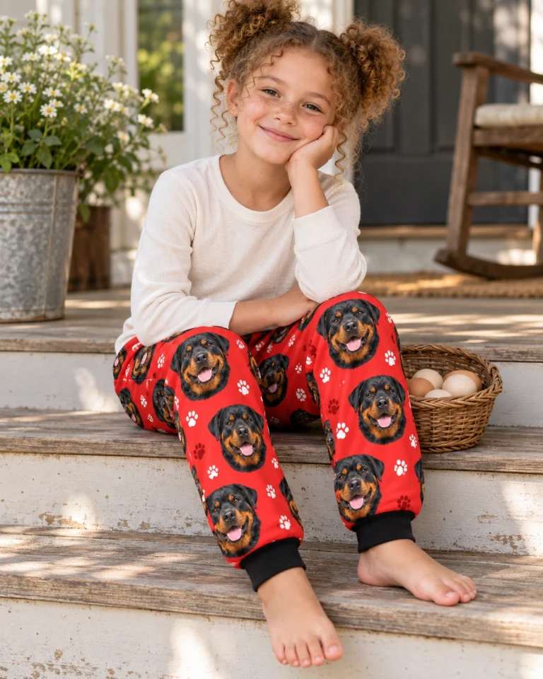 Girl sitting in kids rottweiler pajama pants covered in black-and-mahogany Rottweiler faces — MyDogPics