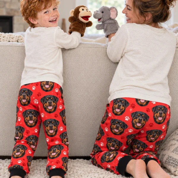 Two kids in kids rottweiler pajama pants with black-and-mahogany Rottweiler faces on red paw-print fabric — MyDogPics
