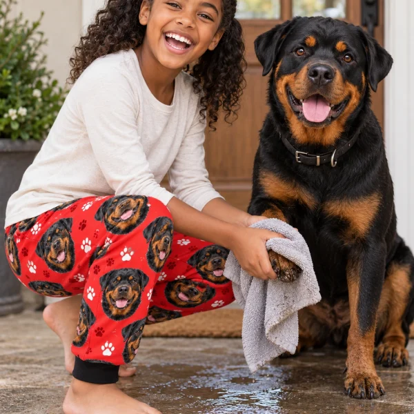 Girl in kids rottweiler pajama pants with her Rottweiler — MyDogPics