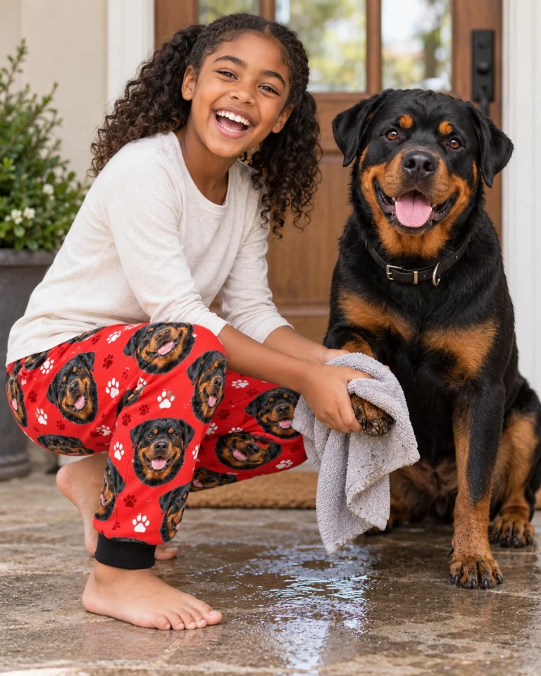 Girl in kids rottweiler pajama pants with her Rottweiler — MyDogPics