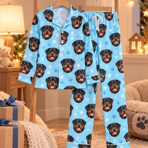 Kids rottweiler pajamas shirt and pants hanging up, covered in black-and-mahogany Rottweiler faces — MyDogPics
