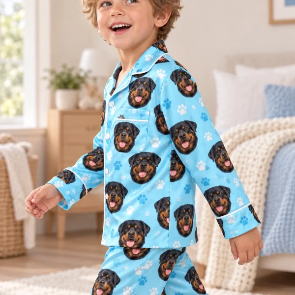 Boy posing in kids rottweiler pajamas, black-and-mahogany Rottweiler faces on light blue paw-print satin — MyDogPics
