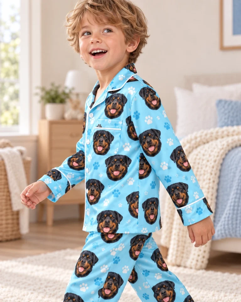 Boy posing in kids rottweiler pajamas, black-and-mahogany Rottweiler faces on light blue paw-print satin — MyDogPics