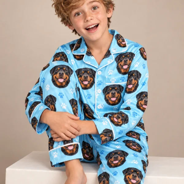 Boy sitting in kids rottweiler pajamas covered in black-and-mahogany Rottweiler faces — MyDogPics