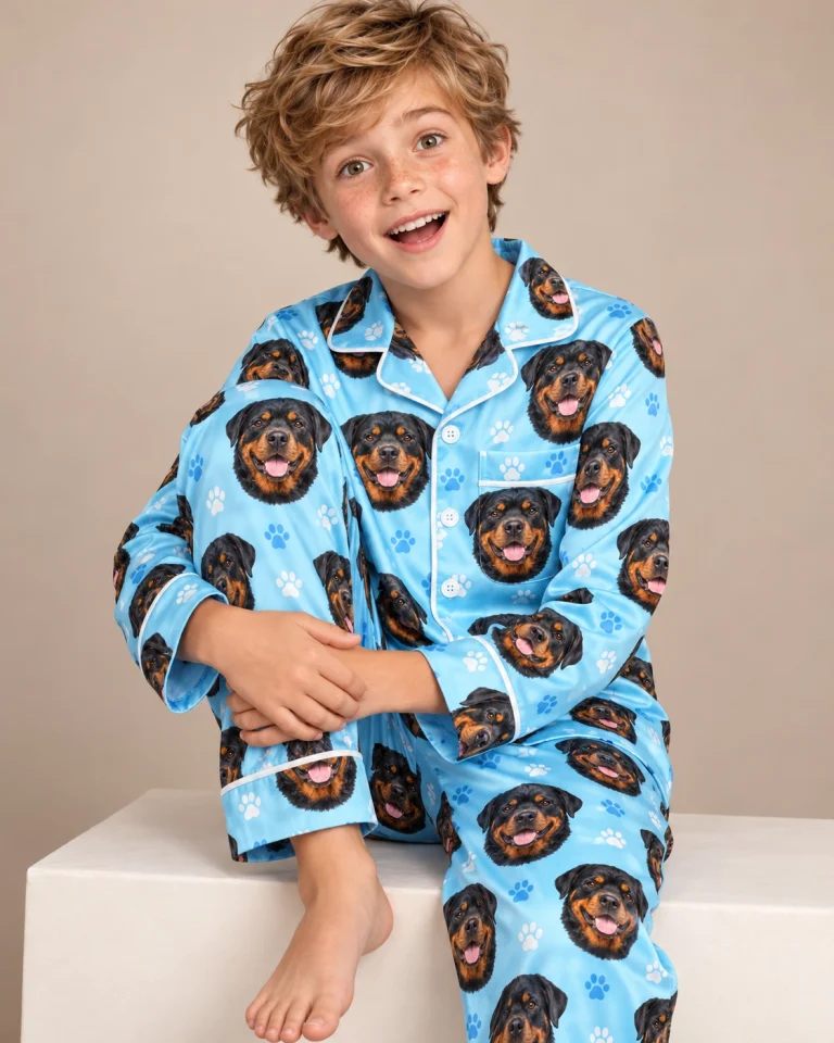 Boy sitting in kids rottweiler pajamas covered in black-and-mahogany Rottweiler faces — MyDogPics