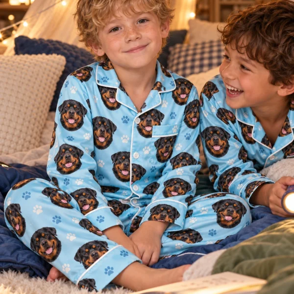 Two kids in kids rottweiler pajamas with black-and-mahogany Rottweiler faces on light blue paw-print satin — MyDogPics