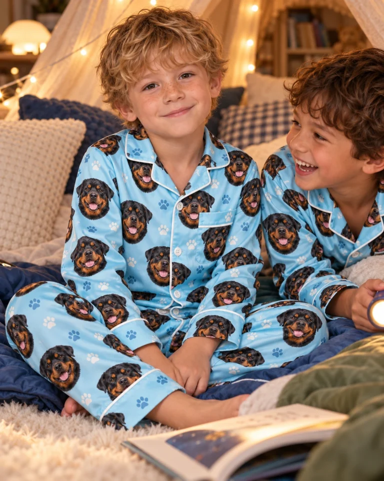 Two kids in kids rottweiler pajamas with black-and-mahogany Rottweiler faces on light blue paw-print satin — MyDogPics
