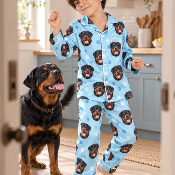 Boy in kids rottweiler pajamas with his Rottweiler — MyDogPics