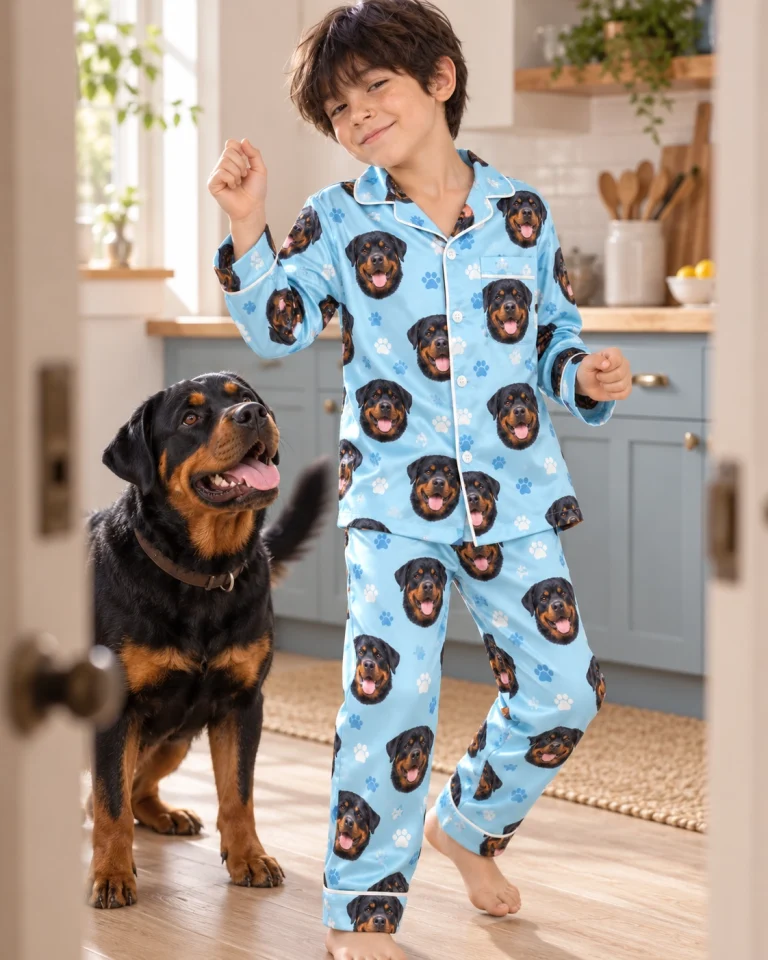 Boy in kids rottweiler pajamas with his Rottweiler — MyDogPics