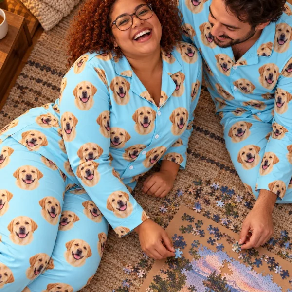 Woman and her partner in matching lab pajamas with yellow Labrador Retriever faces on light blue fabric — MyDogPics