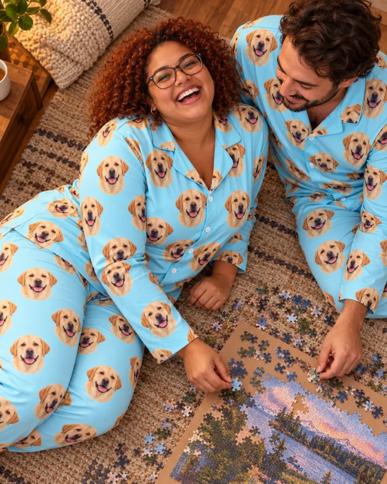 Woman and her partner in matching lab pajamas with yellow Labrador Retriever faces on light blue fabric — MyDogPics