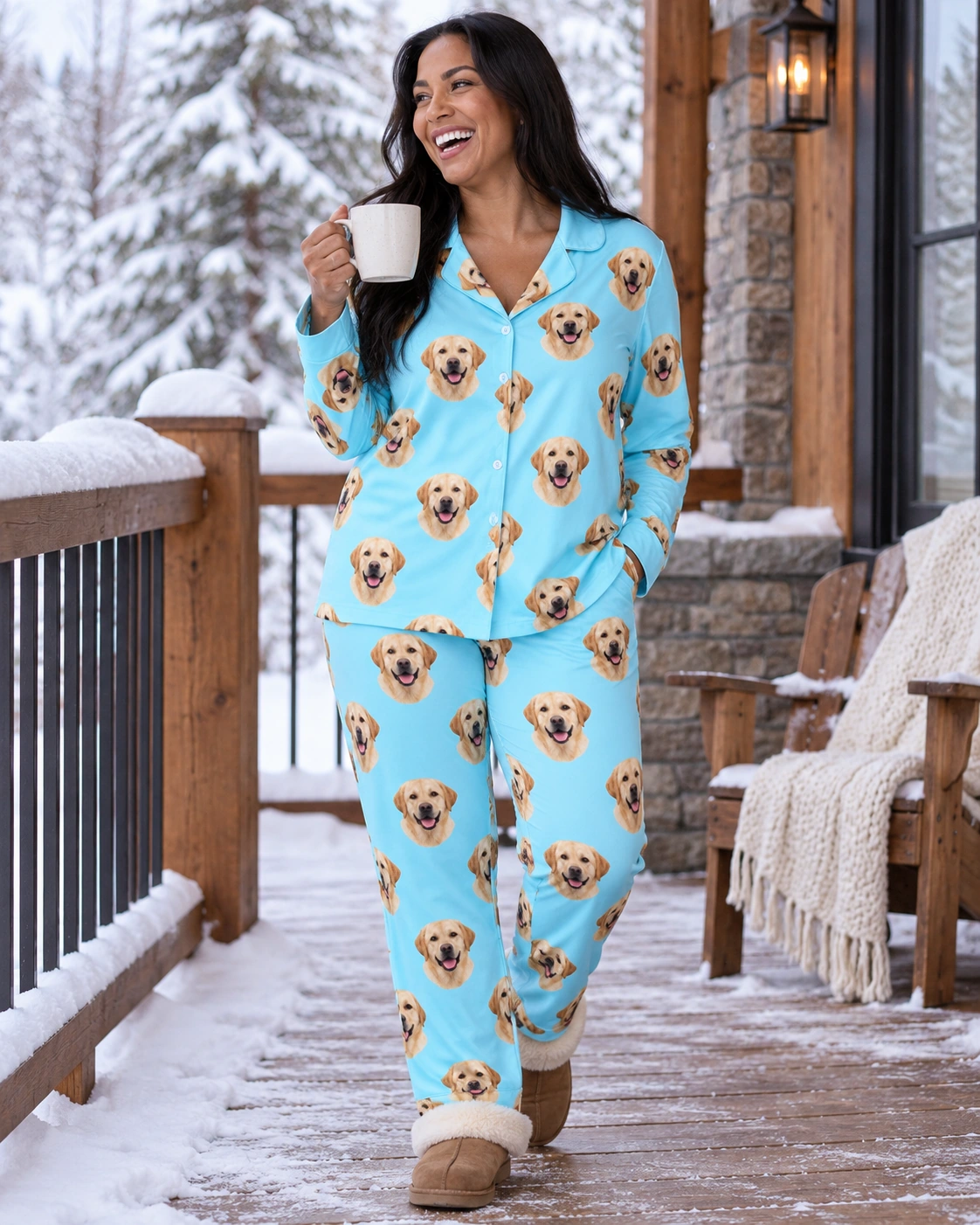 Lab Pajamas – Pose, Light Blue | MyDogPics Woman posing in lab pajamas, yellow Labrador Retriever faces on light blue fabric — MyDogPics