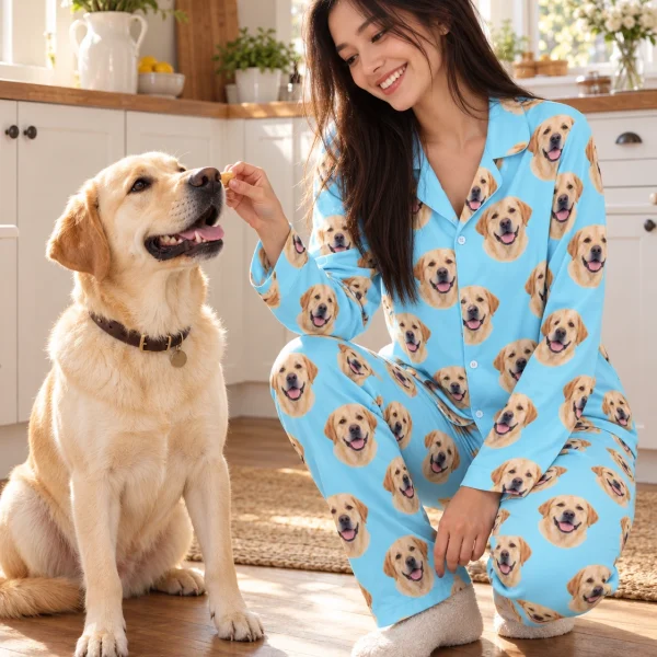 Woman in lab pajamas with her Labrador Retriever — MyDogPics