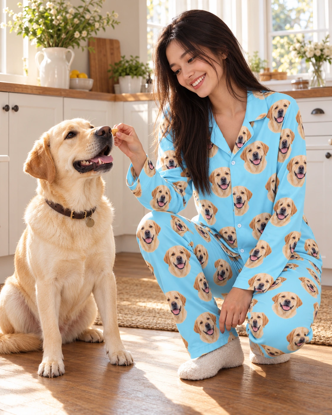 Lab Pajamas – With Dog, Light Blue | MyDogPics Woman in lab pajamas with her Labrador Retriever — MyDogPics