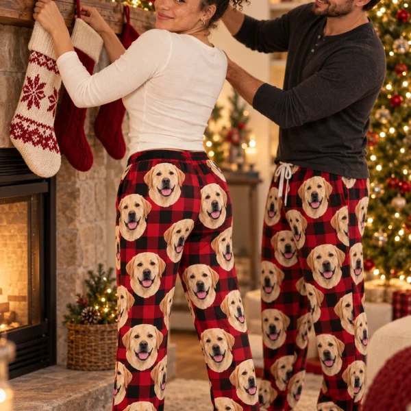 Woman and her partner in matching labrador Christmas pajama pants with yellow Labrador Retriever faces — MyDogPics