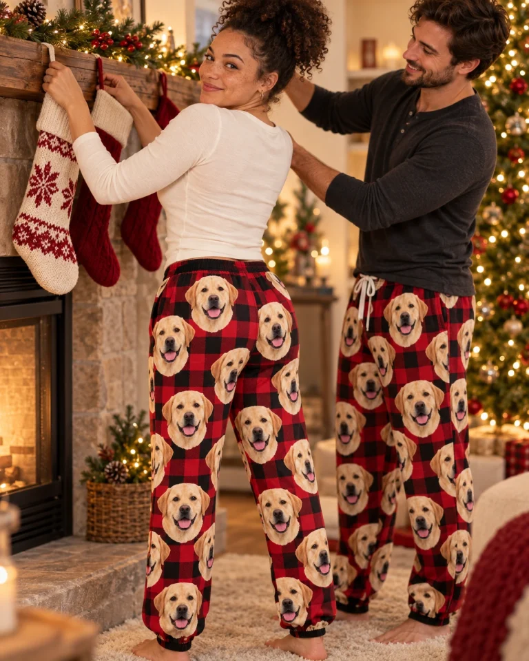 Woman and her partner in matching labrador Christmas pajama pants with yellow Labrador Retriever faces — MyDogPics