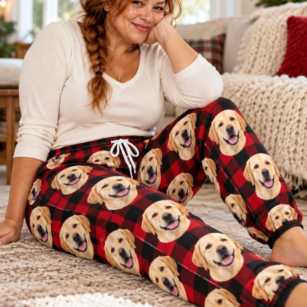 Woman sitting in labrador Christmas pajama pants covered in yellow Labrador Retriever faces — MyDogPics