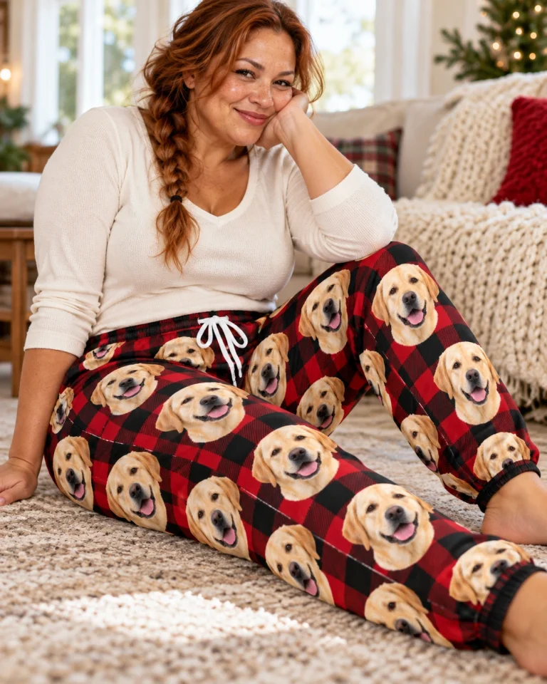 Woman sitting in labrador Christmas pajama pants covered in yellow Labrador Retriever faces — MyDogPics