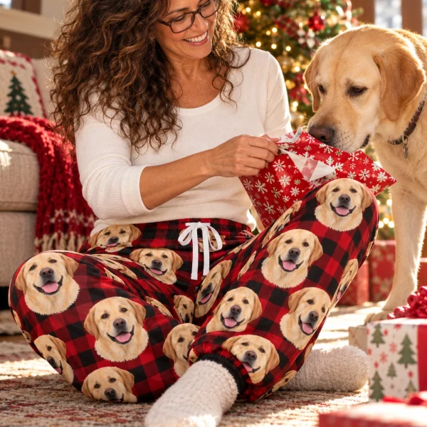 Woman in labrador Christmas pajama pants with her Labrador Retriever — MyDogPics