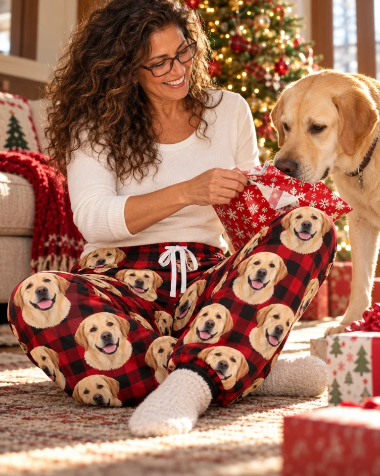 Woman in labrador Christmas pajama pants with her Labrador Retriever — MyDogPics