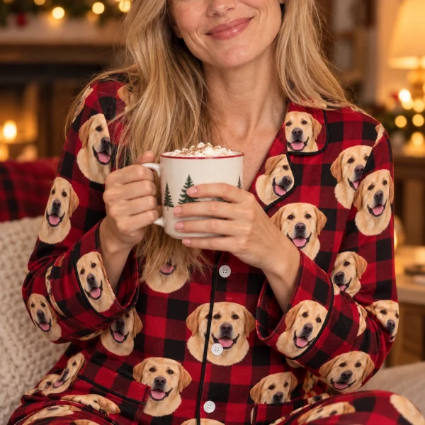 Close-up of the labrador Christmas pajamas print: yellow Labrador Retriever faces on red plaid fabric — MyDogPics