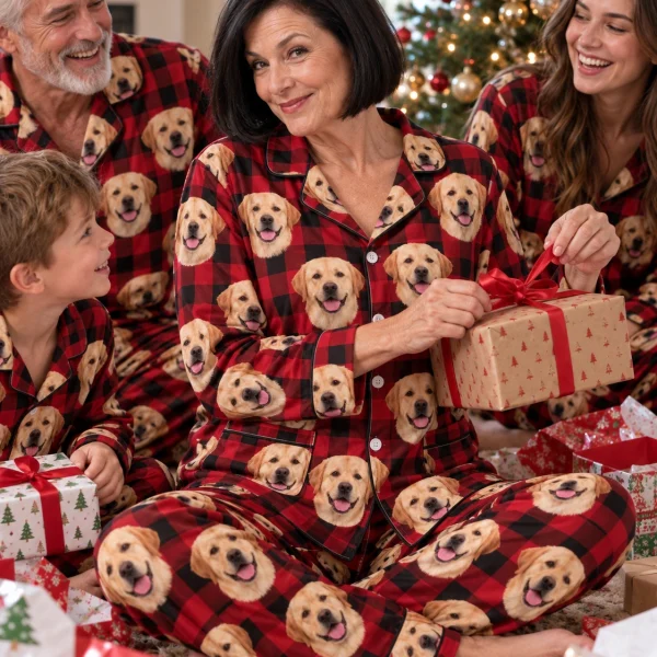 Woman and her family in matching labrador Christmas pajamas with yellow Labrador Retriever faces — MyDogPics