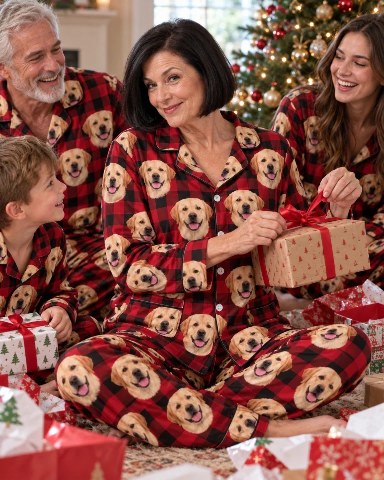Woman and her family in matching labrador Christmas pajamas with yellow Labrador Retriever faces — MyDogPics