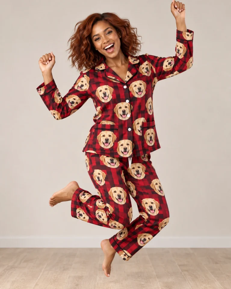 Woman posing in labrador Christmas pajamas, yellow Labrador Retriever faces on red plaid fabric — MyDogPics