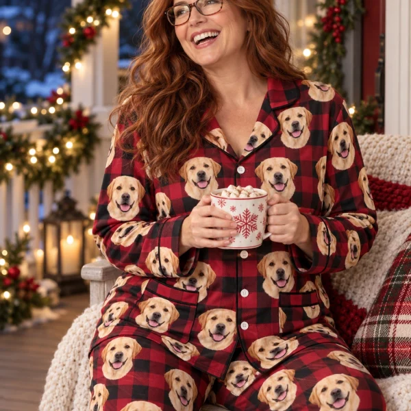 Woman sitting in labrador Christmas pajamas covered in yellow Labrador Retriever faces — MyDogPics