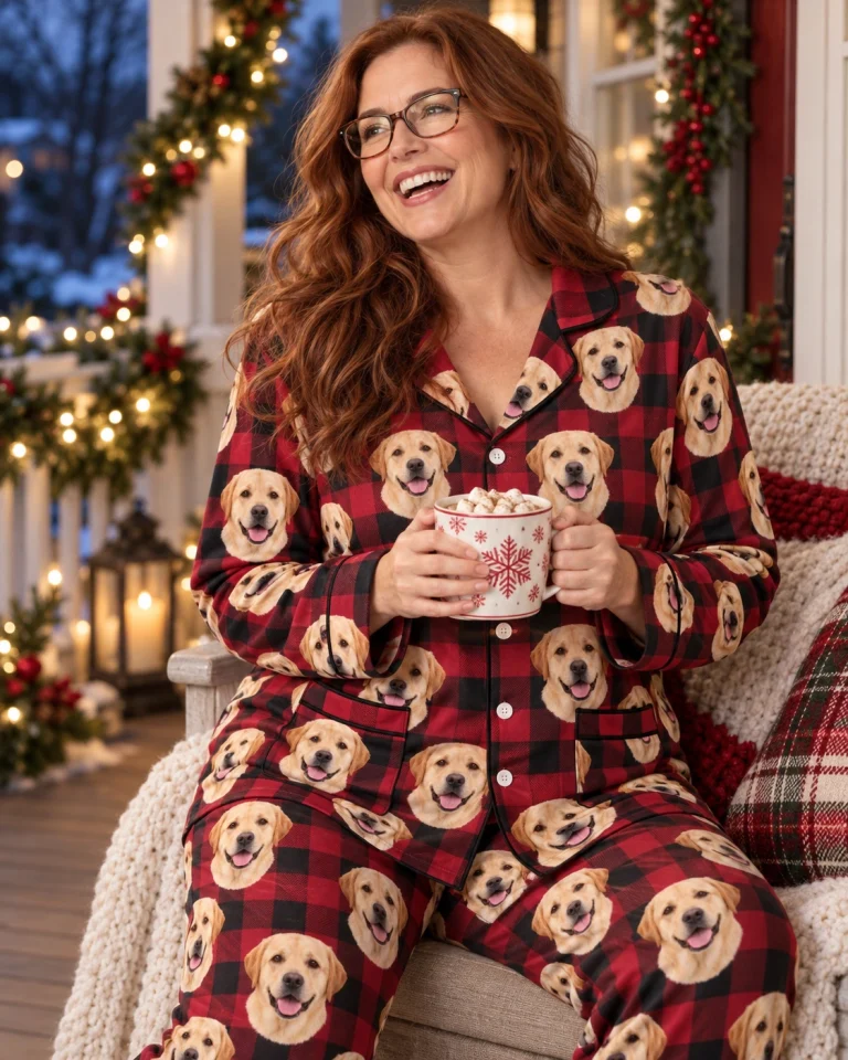 Woman sitting in labrador Christmas pajamas covered in yellow Labrador Retriever faces — MyDogPics