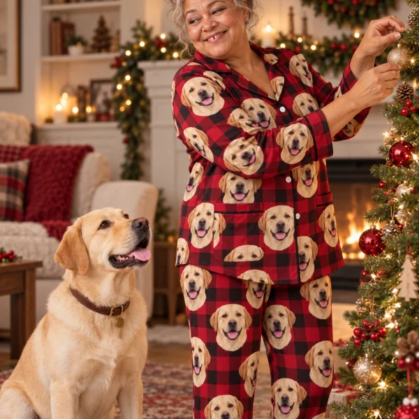 Woman in labrador Christmas pajamas with her Labrador Retriever — MyDogPics