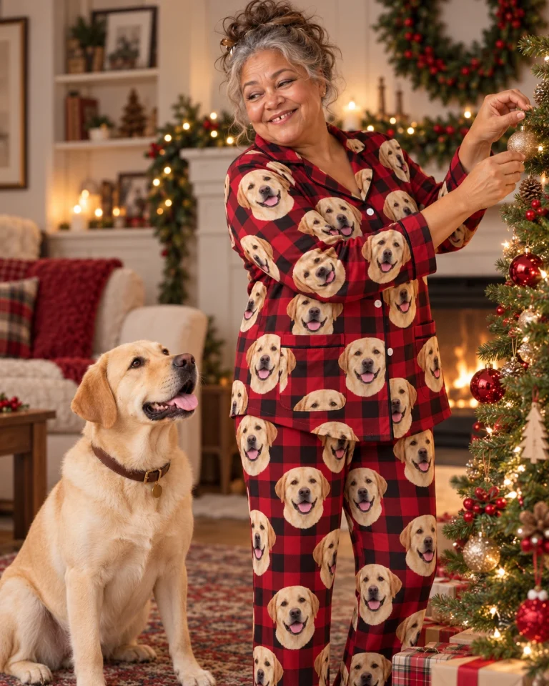 Woman in labrador Christmas pajamas with her Labrador Retriever — MyDogPics