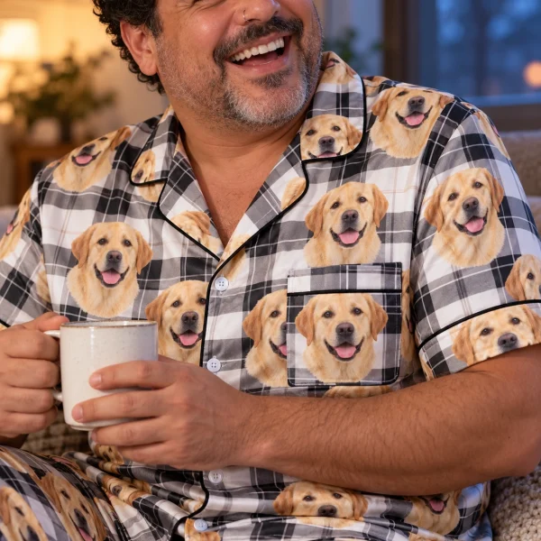 Close-up of the labrador dad pajamas print: yellow Labrador Retriever faces on white plaid satin — MyDogPics