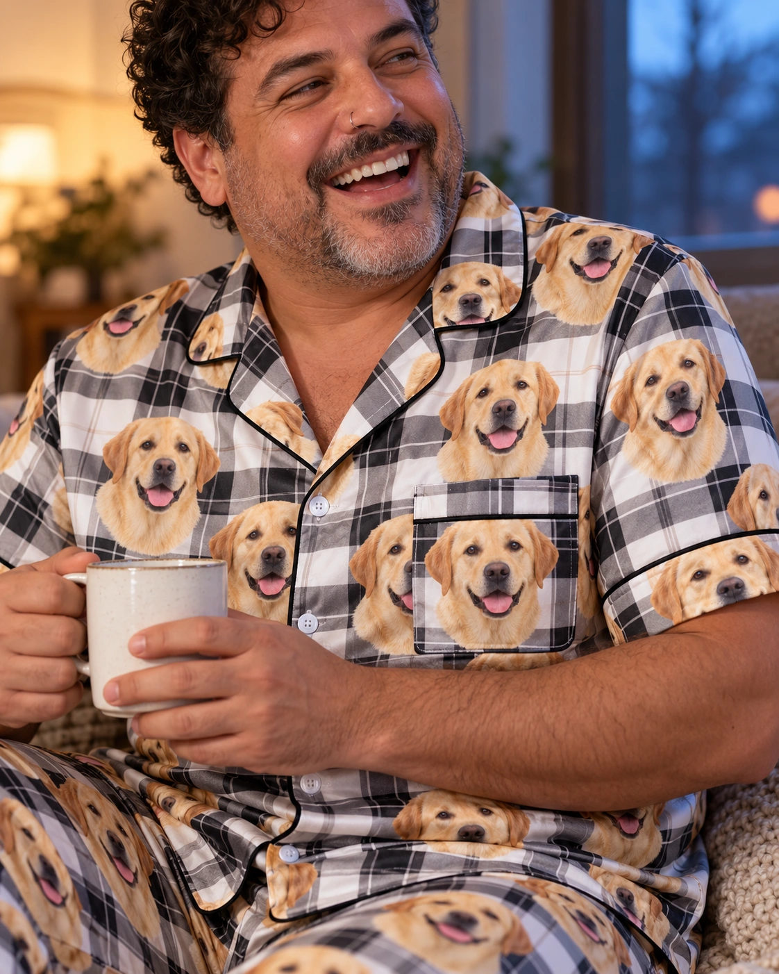 Labrador Dad Pajamas – Print Close-Up, White Plaid | MyDogPics Close-up of the labrador dad pajamas print: yellow Labrador Retriever faces on white plaid satin — MyDogPics