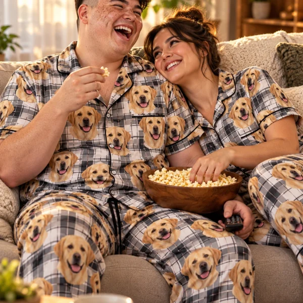 Man and his partner in matching labrador dad pajamas with yellow Labrador Retriever faces on white plaid satin — MyDogPics