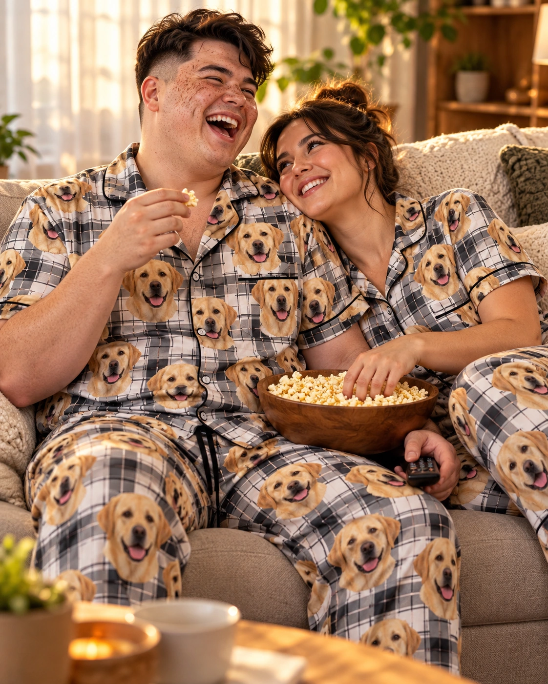 Labrador Dad Pajamas – Family, White Plaid | MyDogPics Man and his partner in matching labrador dad pajamas with yellow Labrador Retriever faces on white plaid satin — MyDogPics