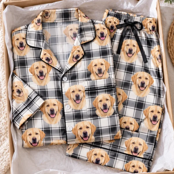 Flat lay of labrador dad pajamas: shirt and pants covered in yellow Labrador Retriever faces — MyDogPics
