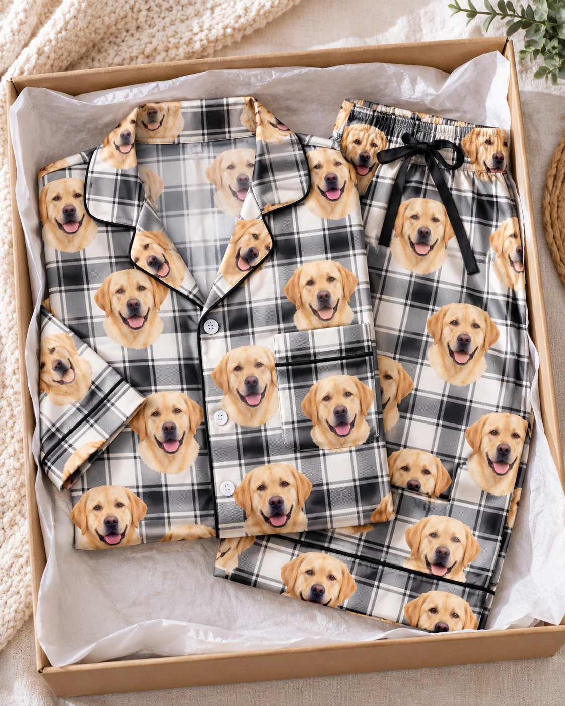 Labrador Dad Pajamas – Flat Lay, White Plaid | MyDogPics Flat lay of labrador dad pajamas: shirt and pants covered in yellow Labrador Retriever faces — MyDogPics