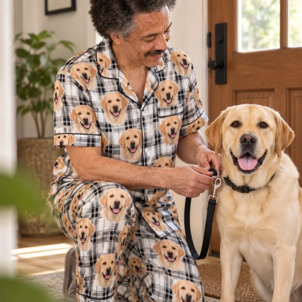 Man in labrador dad pajamas with his Labrador Retriever — MyDogPics