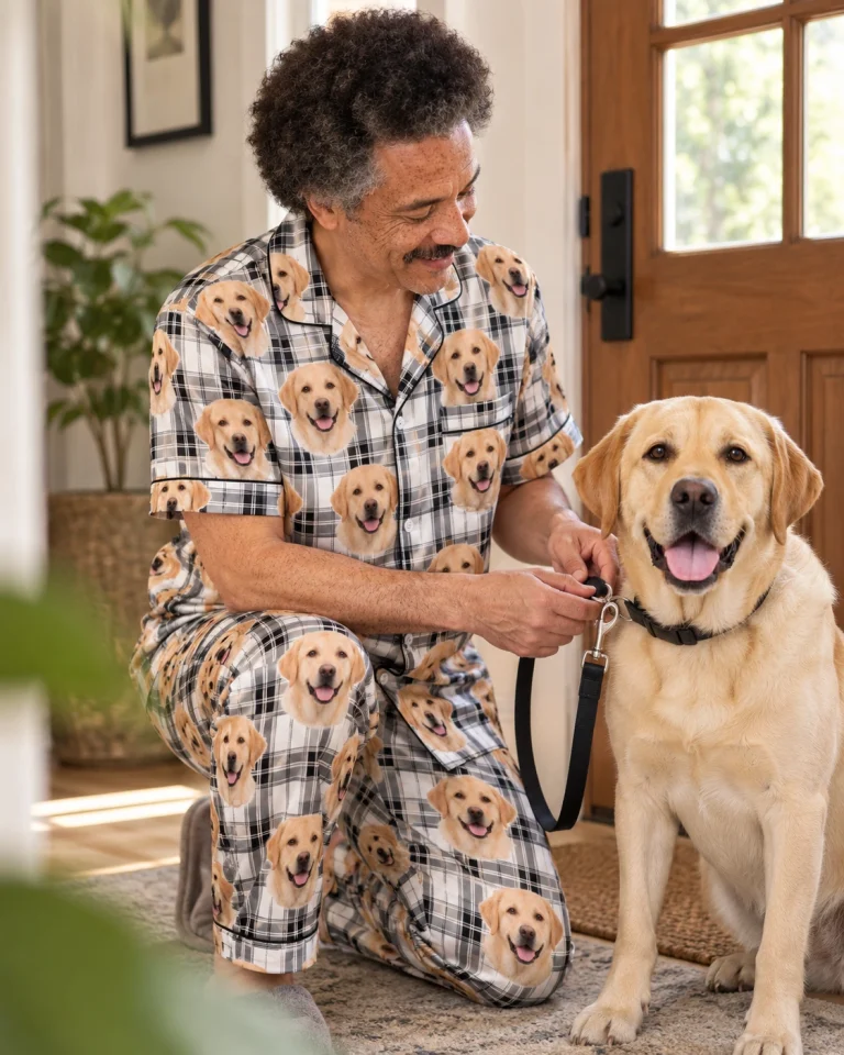 Man in labrador dad pajamas with his Labrador Retriever — MyDogPics