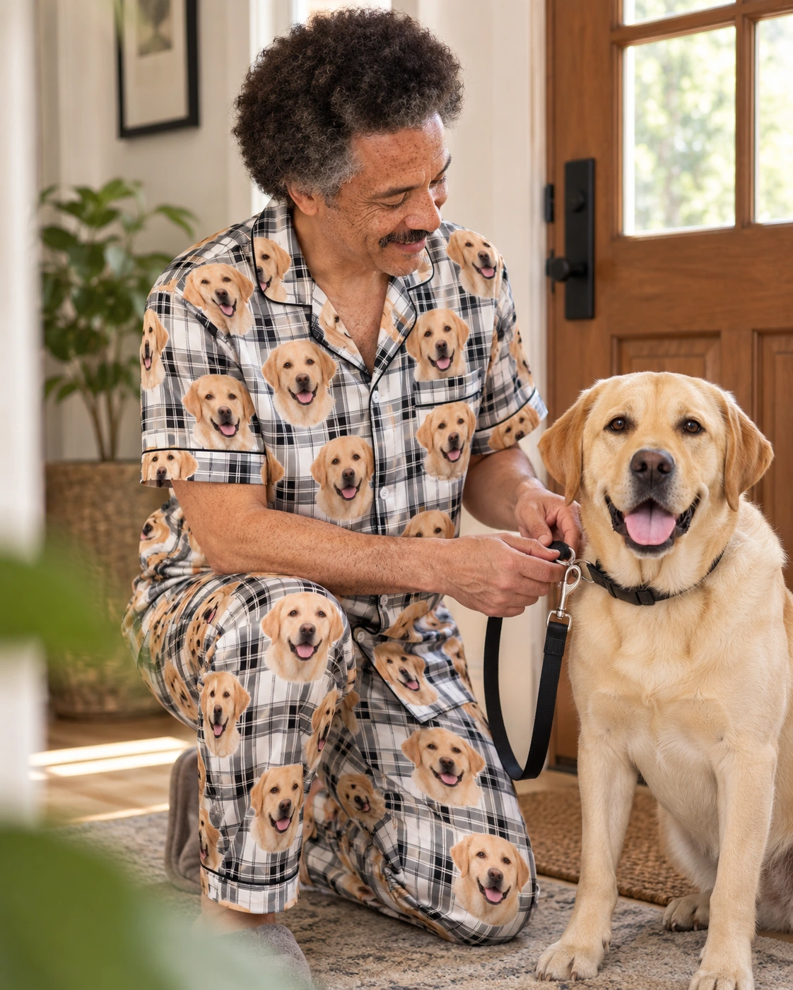 Labrador Dad Pajamas – With Dog, White Plaid | MyDogPics Man in labrador dad pajamas with his Labrador Retriever — MyDogPics