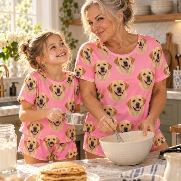 Woman and her granddaughter in matching labrador lounge set with yellow Labrador Retriever faces on pink fabric — MyDogPics
