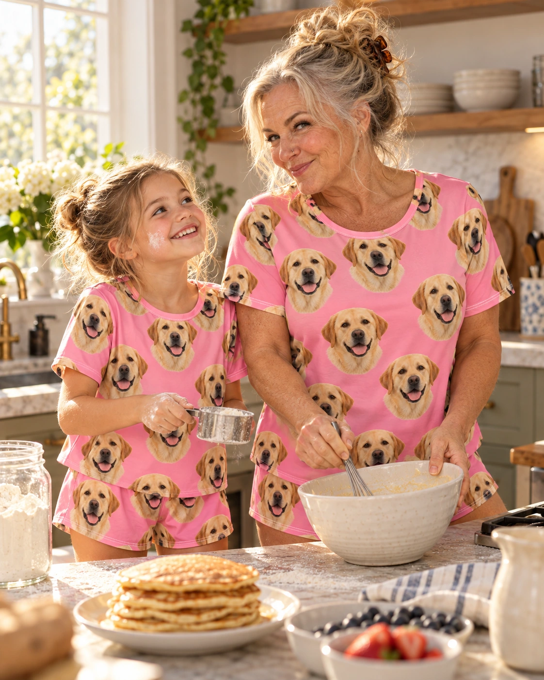 Labrador Lounge Set – Family, Pink | MyDogPics Woman and her granddaughter in matching labrador lounge set with yellow Labrador Retriever faces on pink fabric — MyDogPics
