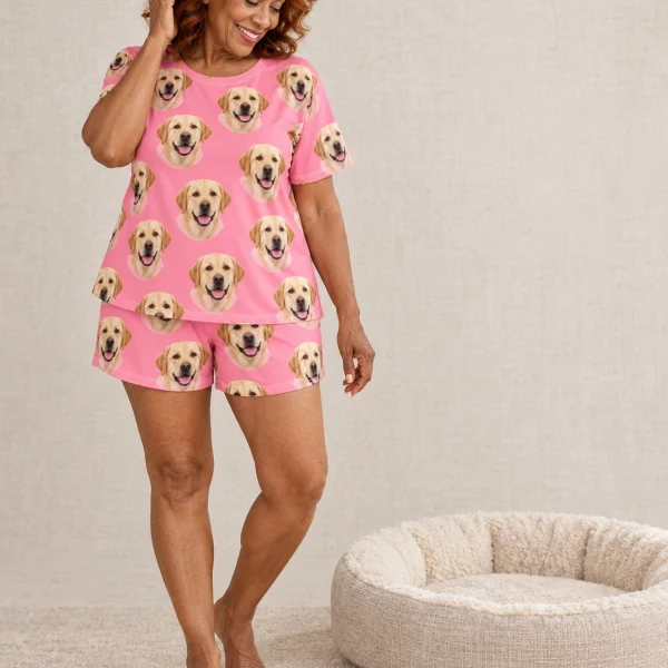 Woman wearing a labrador lounge set covered in yellow Labrador Retriever faces on pink fabric — MyDogPics