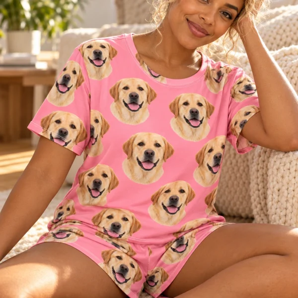 Woman sitting in a labrador lounge set covered in yellow Labrador Retriever faces — MyDogPics